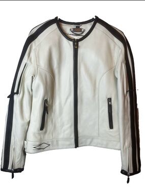 Power Trip Women’s White with Black Trim Leather Motorcycle Jacket Size L